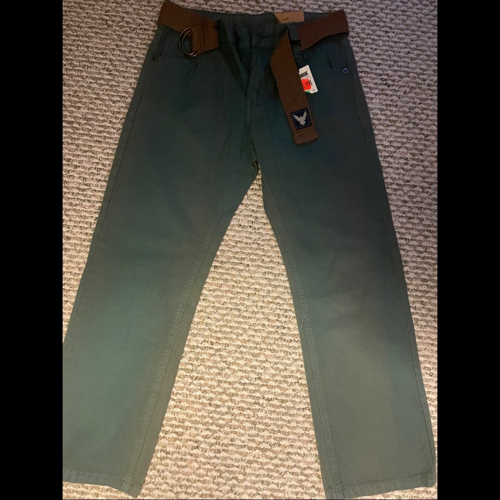 Boys, Brand New Size 10 dark green khaki pants with brown fabric belt